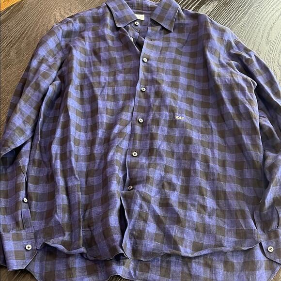 Men's Linen Blue Checkered Shirt - Picture 1 of 4